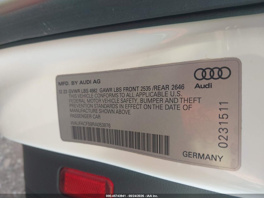 2024 Audi A5 VIN WAUFACF59RA053876 IAAI salvage auction — NORMAL WEAR, Enterprise Vehicles Clear Only (Texas), sold $19,200 on 2026-09-02 (photo 9)