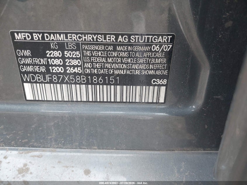 2008 Mercedes-benz E-class VIN WDBUF87X58B186151 IAAI salvage auction — UNKNOWN, Bill Of Sale (New York), sold $425 on 2026-08-11 (photo 9)