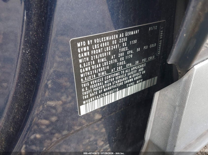 2012 Volkswagen Tiguan VIN WVGBV7AX7CW560710 IAAI salvage auction — LEFT FRONT, Salvage Title, sold $450 on 2026-08-11 (photo 9)