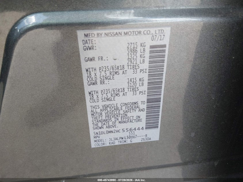 2017 Infiniti Qx60 VIN 5N1DL0MN2HC556444 IAAI salvage auction — WATER/FLOOD, Salvage Title, sold $1,950 on 2026-08-23 (photo 9)