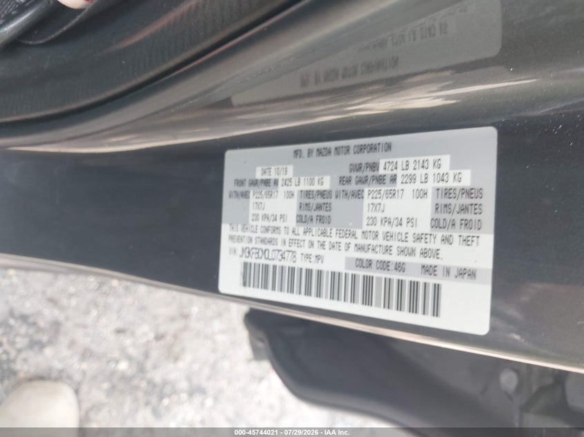 2020 Mazda Cx-5 VIN JM3KFBCM0L0734778 IAAI salvage auction — FRONT END, Salvage Title, sold $3,550 on 2026-08-26 (photo 9)