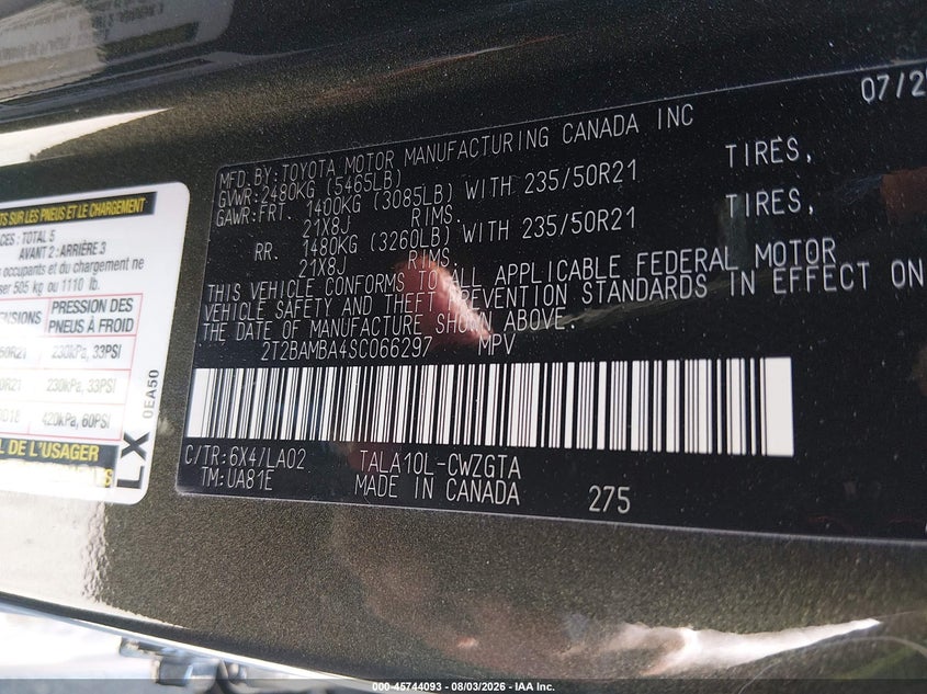 2025 Lexus Rx VIN 2T2BAMBA4SC066297 IAAI salvage auction — SIDE, Wait Title, sold $26,500 on 2026-10-05 (photo 9)