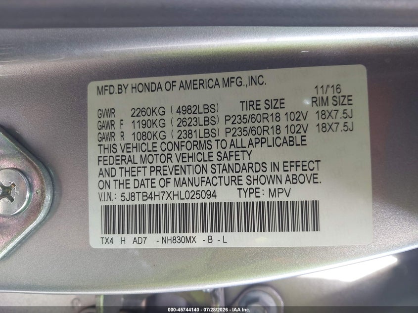 2017 Acura Rdx VIN 5J8TB4H7XHL025094 IAAI salvage auction — REAR END, Wait Title, sold $7,050 on 2026-09-16 (photo 9)