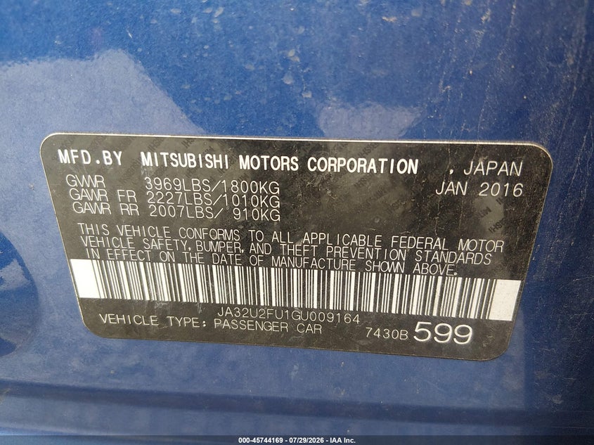 2016 Mitsubishi Lancer VIN JA32U2FU1GU009164 IAAI salvage auction — NORMAL WEAR, Salvage Title, sold $1,700 on 2026-08-25 (photo 9)