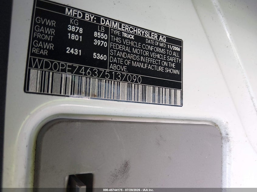 2007 Dodge Sprinter VIN WD0PE746375137090 IAAI salvage auction — NORMAL WEAR, Clear (Georgia), sold $200 on 2026-07-31 (photo 9)