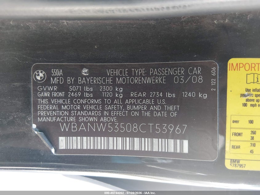 2008 BMW 5 series VIN WBANW53508CT53967 IAAI salvage auction — LEFT REAR, Original (Texas), sold $1,150 on 2026-08-03 (photo 9)