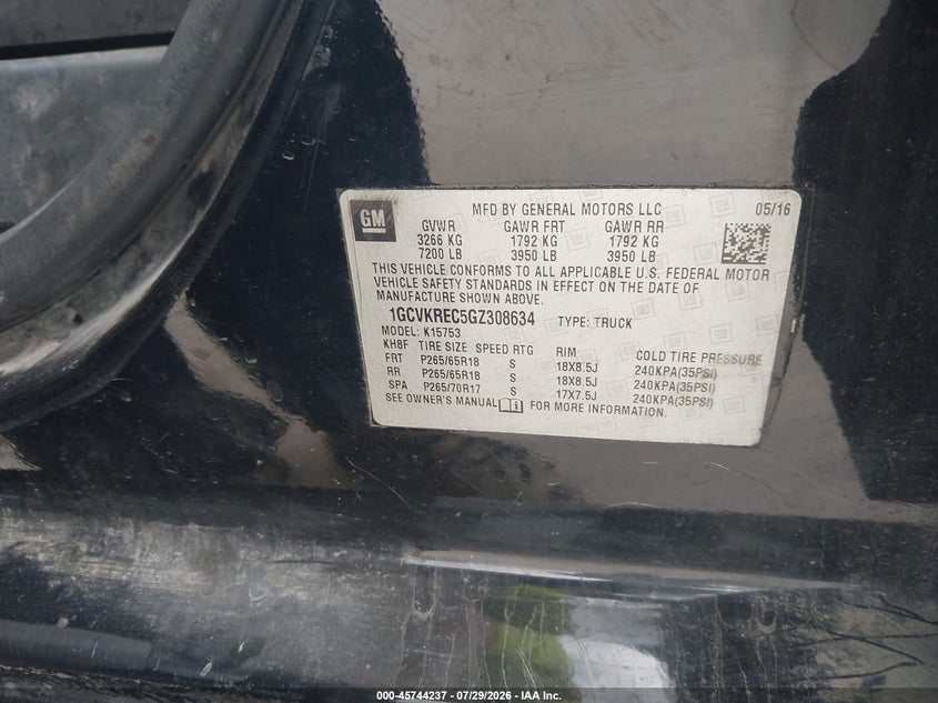 2016 Chevrolet Silverado VIN 1GCVKREC5GZ308634 IAAI salvage auction — LEFT FRONT, Wait Title, sold $2,925 on 2026-09-01 (photo 9)