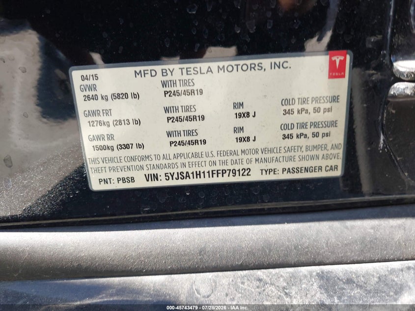 2015 Tesla Model s VIN 5YJSA1H11FFP79122 IAAI salvage auction — SUSPENSION, Salvage Title, sold $2,150 on 2026-08-23 (photo 9)