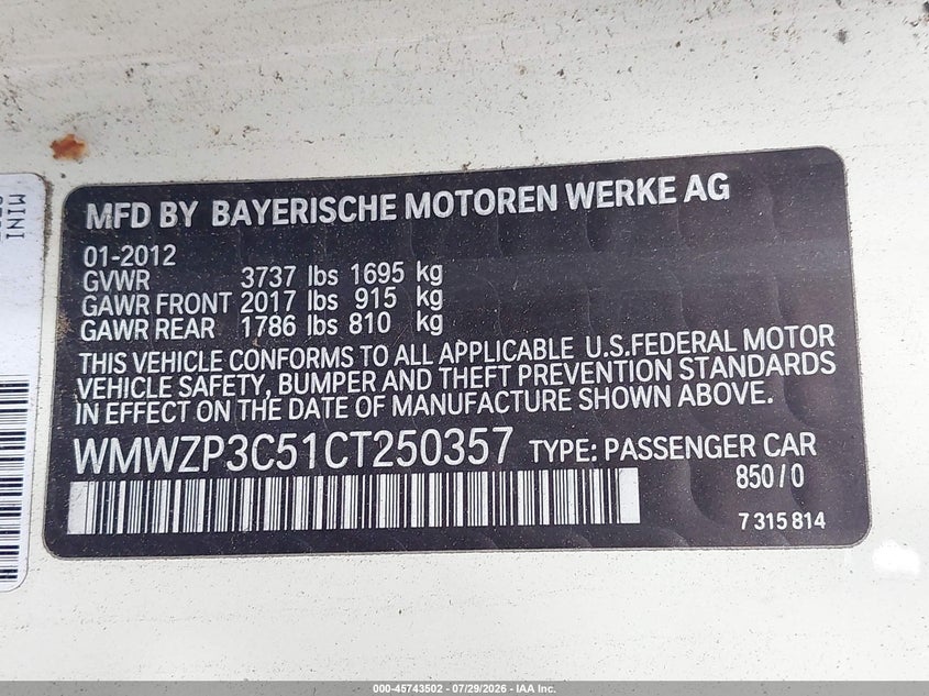 2012 Mini Cooper VIN WMWZP3C51CT250357 IAAI salvage auction — NORMAL WEAR, Clear (Washington), sold $600 on 2026-08-05 (photo 9)