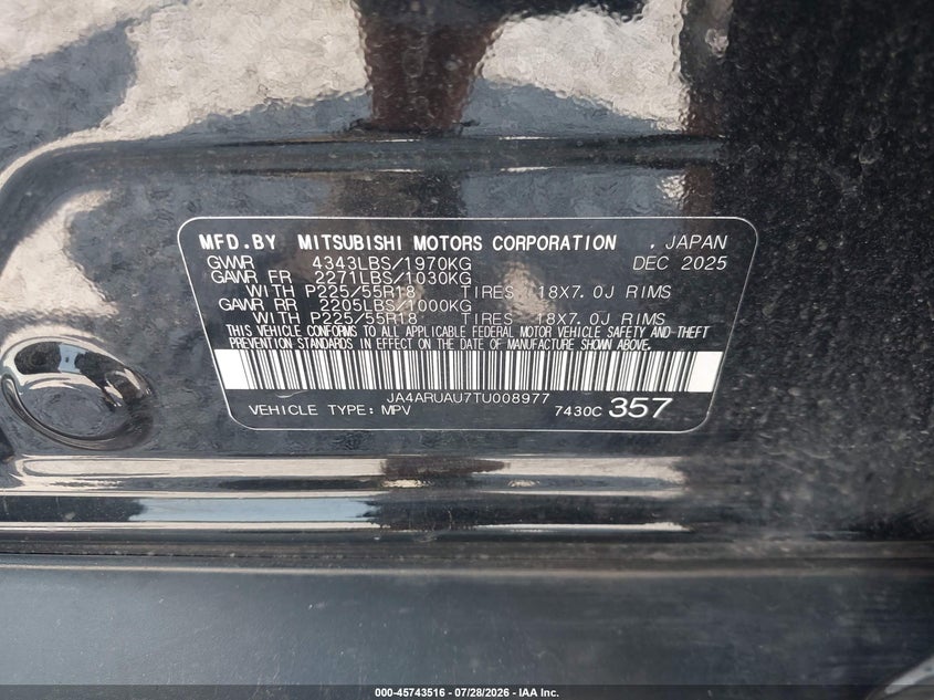 2026 Mitsubishi Outlander VIN JA4ARUAU7TU008977 IAAI salvage auction — FRONT & REAR, Certificate Of Destruction (Florida), sold $1,900 on 2026-08-01 (photo 9)
