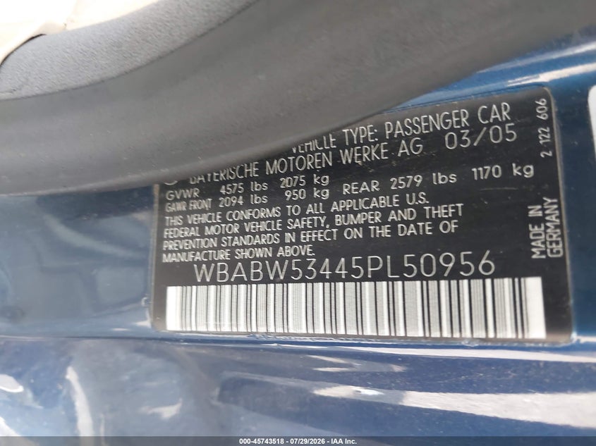 2005 BMW 3 series VIN WBABW53445PL50956 IAAI salvage auction — NORMAL WEAR, Clear (New Jersey), sold $575 on 2026-08-03 (photo 9)