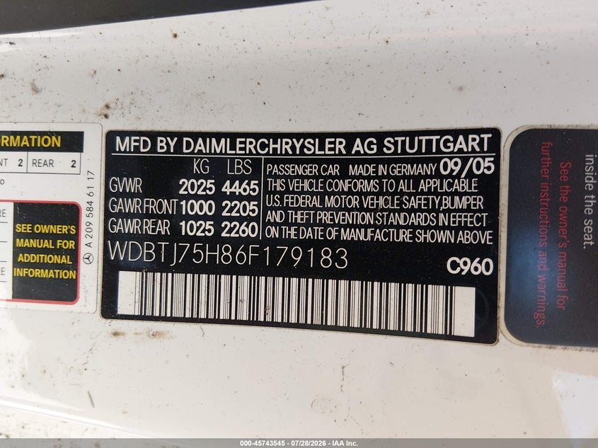 2006 Mercedes-benz Clk-class VIN WDBTJ75H86F179183 IAAI salvage auction — NORMAL WEAR, Clear - Dealer Only (California), sold $675 on 2026-08-19 (photo 9)