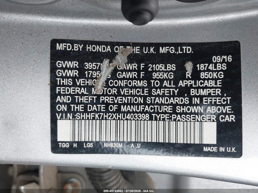 2017 Honda Civic VIN SHHFK7H2XHU403398 IAAI salvage auction — REAR END, Salvage (New Jersey), sold $2,350 on 2026-09-05 (photo 9)