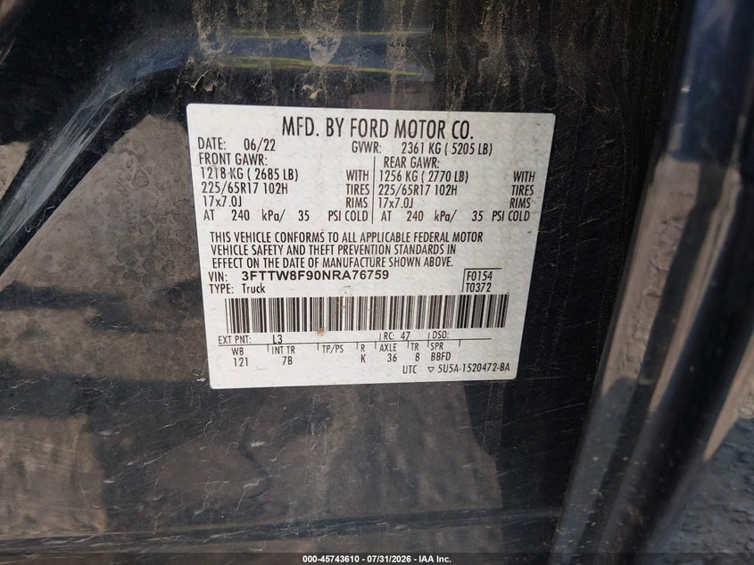 2022 Ford Maverick VIN 3FTTW8F90NRA76759 IAAI salvage auction — LEFT FRONT, Wait Title, sold $7,600 on 2026-08-29 (photo 9)