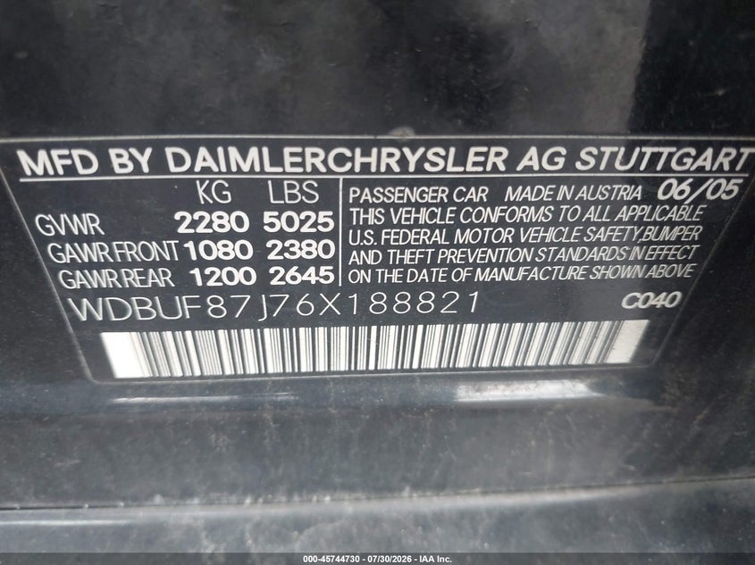 2006 Mercedes-benz E-class VIN WDBUF87J76X188821 IAAI salvage auction — FRONT END, Clear (Massachusetts), sold $500 on 2026-08-07 (photo 9)