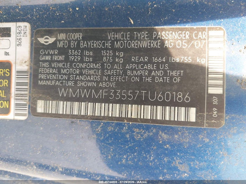 2007 Mini Cooper VIN WMWMF33557TU60186 IAAI salvage auction — NORMAL WEAR, Clear (Florida), sold $25 on 2026-08-04 (photo 9)