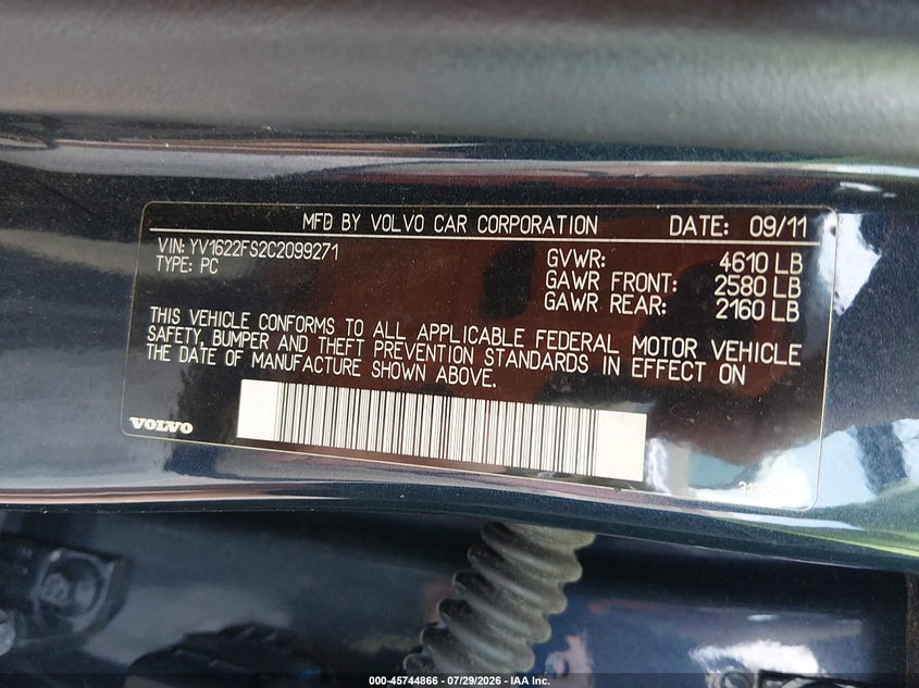 2012 Volvo S60 VIN YV1622FS2C2099271 IAAI salvage auction — RIGHT SIDE, Salvage (Indiana), sold $600 on 2026-08-20 (photo 9)