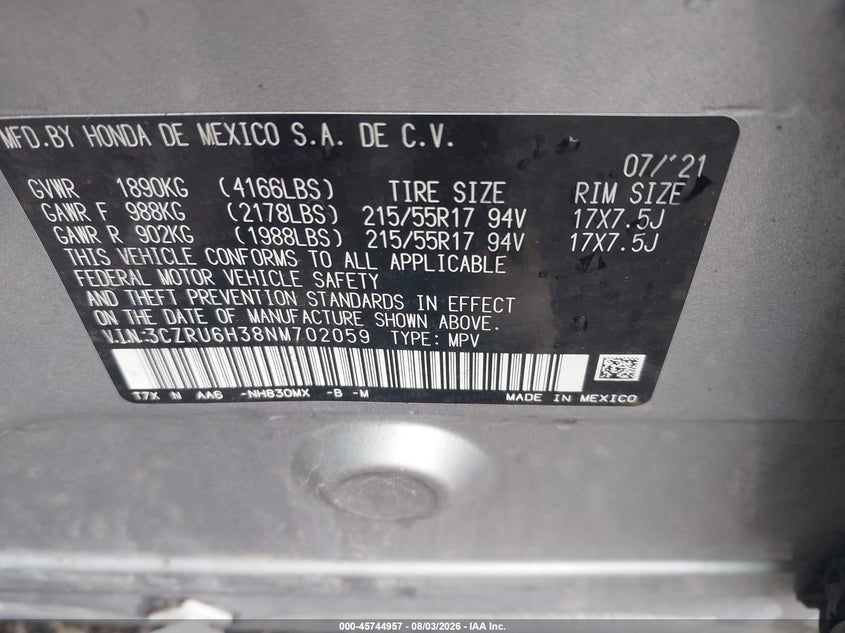 2022 Honda Hr-v VIN 3CZRU6H38NM702059 IAAI salvage auction — LEFT SIDE, Salvage Title, sold $5,075 on 2026-08-29 (photo 9)