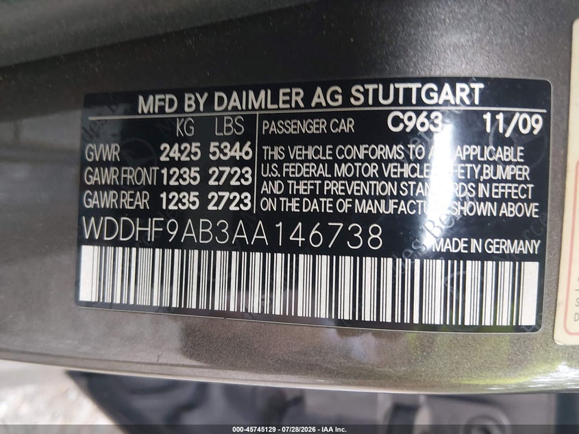2010 Mercedes-benz E-class VIN WDDHF9AB3AA146738 IAAI salvage auction — NORMAL WEAR, Clear (Virginia), sold $900 on 2026-08-19 (photo 9)