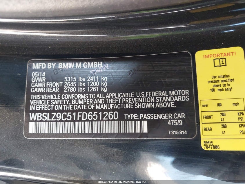 2015 BMW M6 VIN WBSLZ9C51FD651260 IAAI salvage auction — LEFT SIDE, Salvage (California), sold $11,850 on 2026-09-02 (photo 9)
