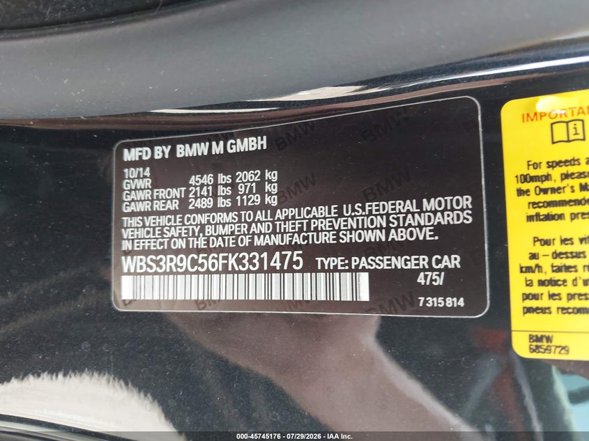 2015 BMW M4 VIN WBS3R9C56FK331475 IAAI salvage auction — FRONT END, Salvage Title, sold $7,900 on 2026-09-02 (photo 9)
