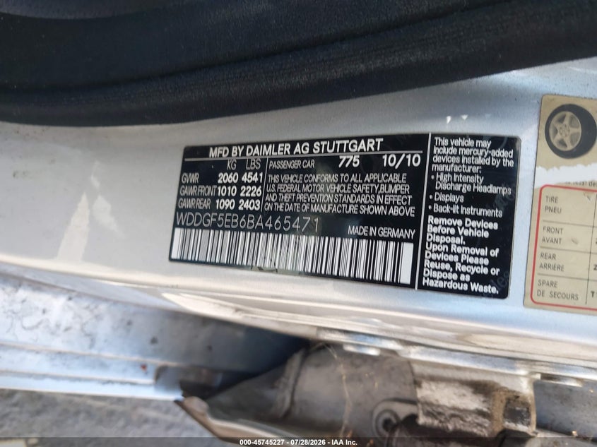 2011 Mercedes-benz C class VIN WDDGF5EB6BA465471 IAAI salvage auction — FRONT END, Salvage (California), sold $575 on 2026-08-20 (photo 9)