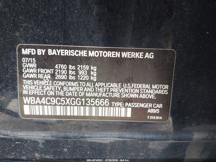 2016 BMW 4 series VIN WBA4C9C5XGG135666 IAAI salvage auction — NORMAL WEAR, Clear (New Jersey), sold $2,300 on 2026-08-20 (photo 9)