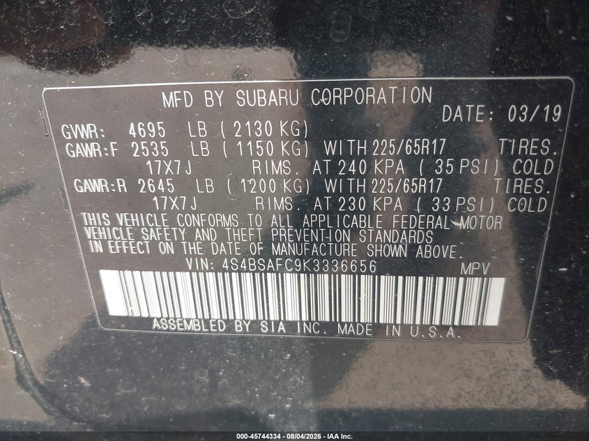 2019 Subaru Outback VIN 4S4BSAFC9K3336656 IAAI salvage auction — REAR END, Salvage Title, sold $1,575 on 2026-09-04 (photo 9)