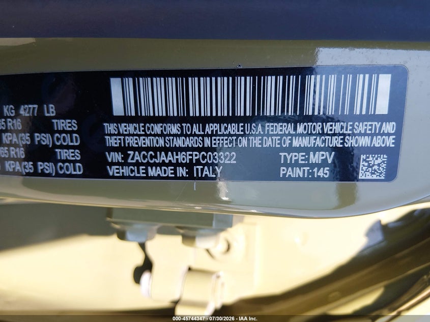 2015 Jeep Renegade VIN ZACCJAAH6FPC03322 IAAI salvage auction — RIGHT SIDE, Wait Title, sold $1,350 on 2026-08-18 (photo 9)