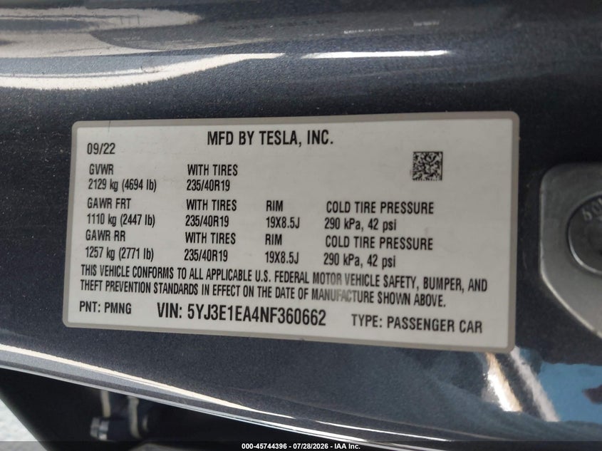 2022 Tesla Model 3 VIN 5YJ3E1EA4NF360662 IAAI salvage auction — FRONT END, Salvage Title, sold $5,700 on 2026-09-09 (photo 9)