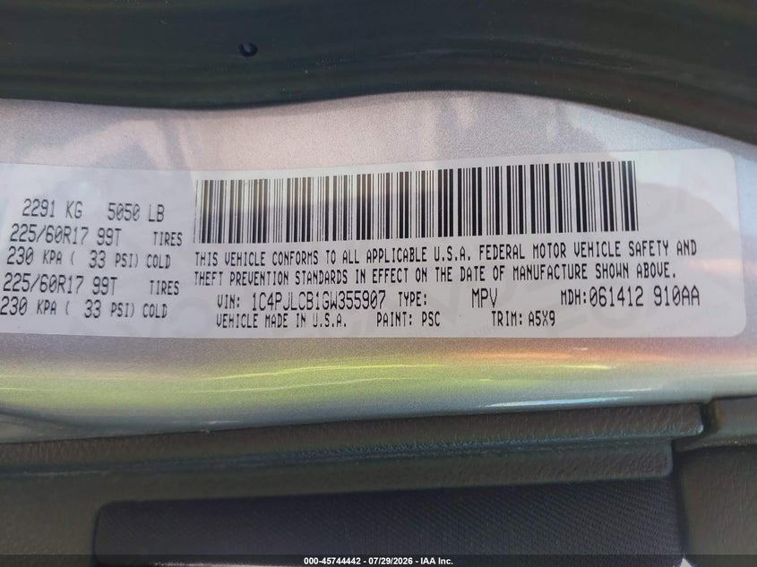 2016 Jeep Cherokee VIN 1C4PJLCB1GW355907 IAAI salvage auction — FRONT END, Wait Title, sold $1,325 on 2026-10-08 (photo 9)