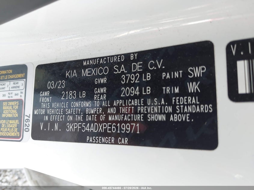 2023 Kia Forte VIN 3KPF54ADXPE619971 IAAI salvage auction — SIDE, Salvage (Louisiana), sold $7,300 on 2026-08-19 (photo 9)