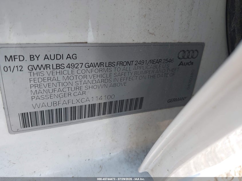 2012 Audi A4 VIN WAUBFAFLXCA114100 IAAI salvage auction — NORMAL WEAR, Clear (Illinois), sold $1,000 on 2026-08-19 (photo 9)