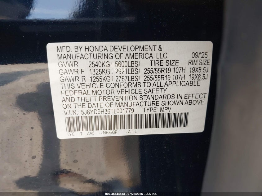 2026 Acura Mdx VIN 5J8YD9H36TL001779 IAAI salvage auction — FRONT END, Salvage Title, sold $15,500 on 2026-09-07 (photo 9)