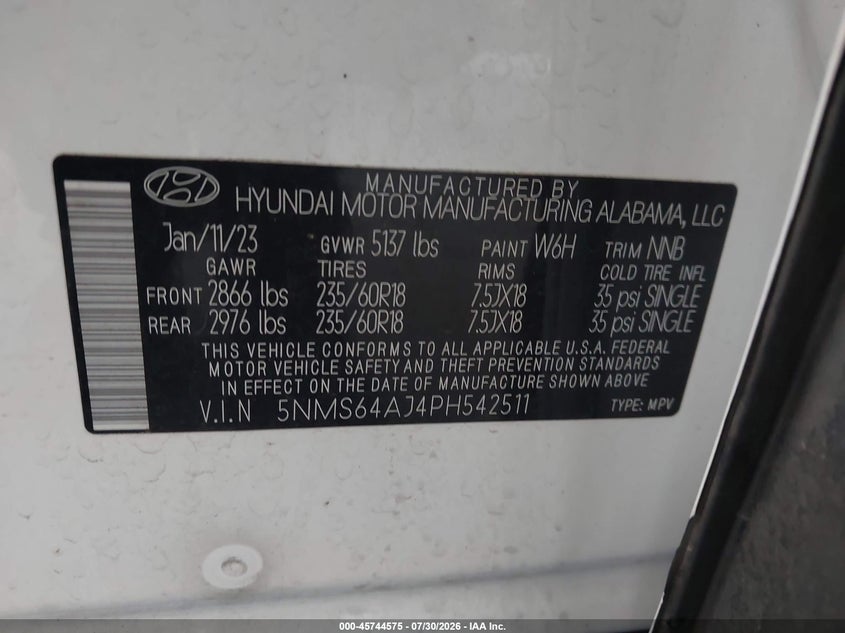 2023 Hyundai Santa fe VIN 5NMS64AJ4PH542511 IAAI salvage auction — LEFT FRONT, Salvage Title, sold $10,000 on 2026-08-26 (photo 9)