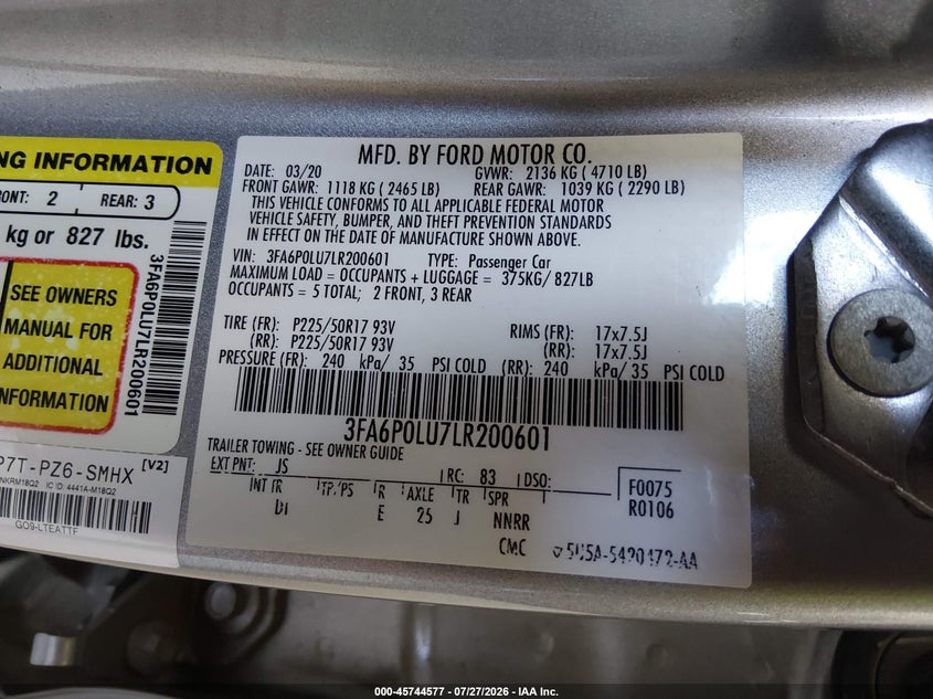 2020 Ford Fusion VIN 3FA6P0LU7LR200601 IAAI salvage auction — NORMAL WEAR, SF97 (Oklahoma), sold $10,050 on 2026-09-03 (photo 9)