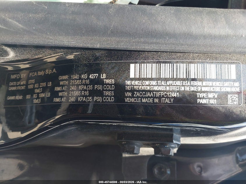 2015 Jeep Renegade VIN ZACCJAAT9FPC12441 IAAI salvage auction — LEFT SIDE, Salvage (Texas), sold $700 on 2026-08-19 (photo 9)