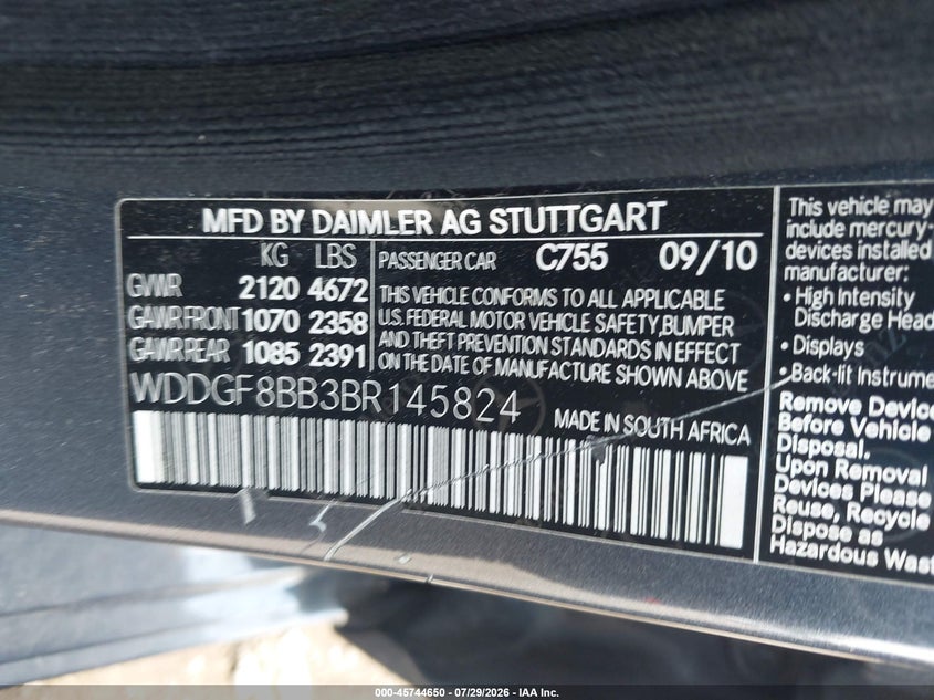2011 Mercedes-benz C-klasse VIN WDDGF8BB3BR145824 IAAI salvage auction — FRONT END, Salvage (Pennsylvania), sold $875 on 2026-08-15 (photo 9)
