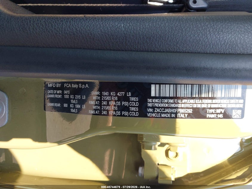 2015 Jeep Renegade VIN ZACCJABH0FPB65292 IAAI salvage auction — NORMAL WEAR, Clear (North Carolina), sold $1,400 on 2026-08-20 (photo 9)