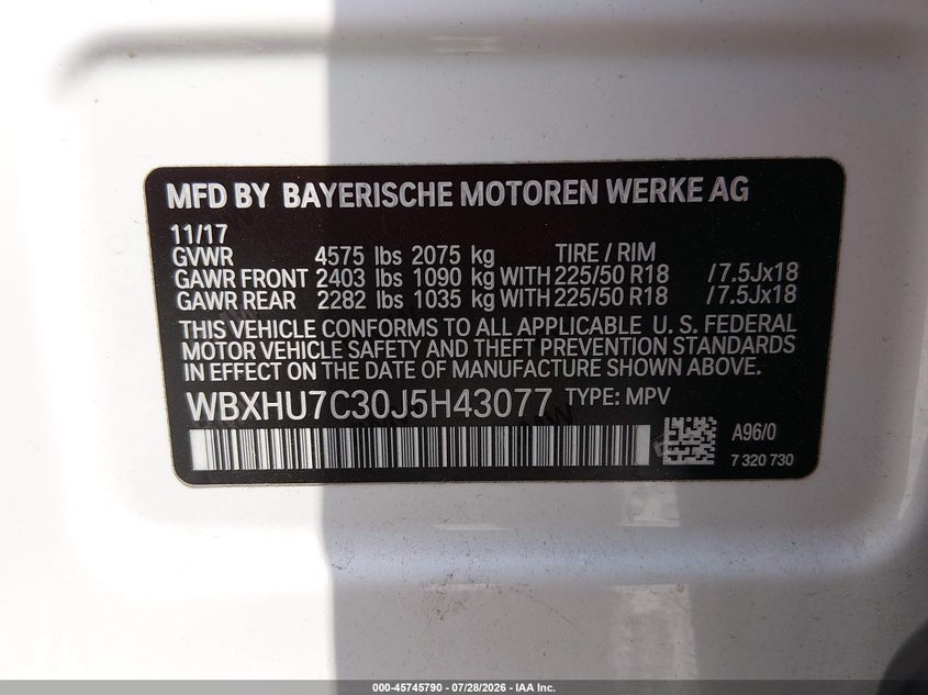 2018 BMW X1 VIN WBXHU7C30J5H43077 IAAI salvage auction — SIDE, Salvage Title, sold $2,425 on 2026-10-08 (photo 9)