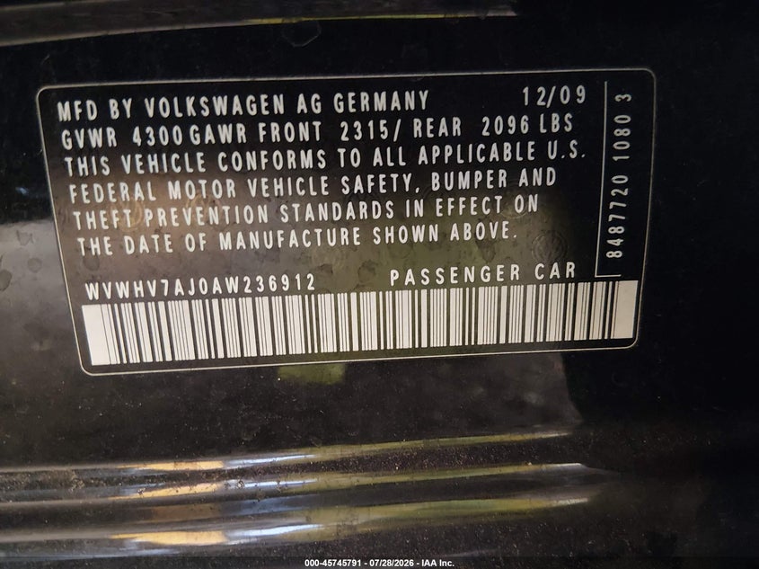 2010 Volkswagen Gti VIN WVWHV7AJ0AW236912 IAAI salvage auction — NORMAL WEAR, Clear-Dealer Only (Arizona), sold $1,400 on 2026-08-11 (photo 9)
