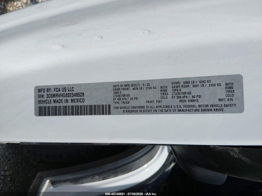 2025 Ram Promaster city VIN 3C6MRVHG8SE548528 IAAI salvage auction — FRONT END, Salvage Title, sold $17,500 on 2026-08-02 (photo 9)