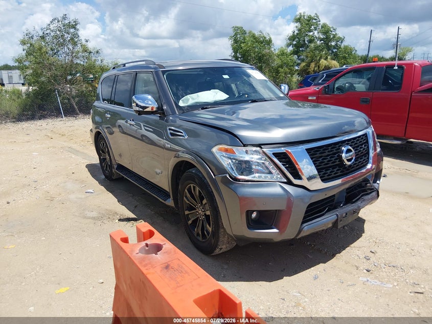 2019 Nissan Armada VIN JN8AY2NE1K9755657 IAAI salvage auction — FRONT & REAR, Salvage Title, sold $7,300 on 2026-08-20 (photo 1)
