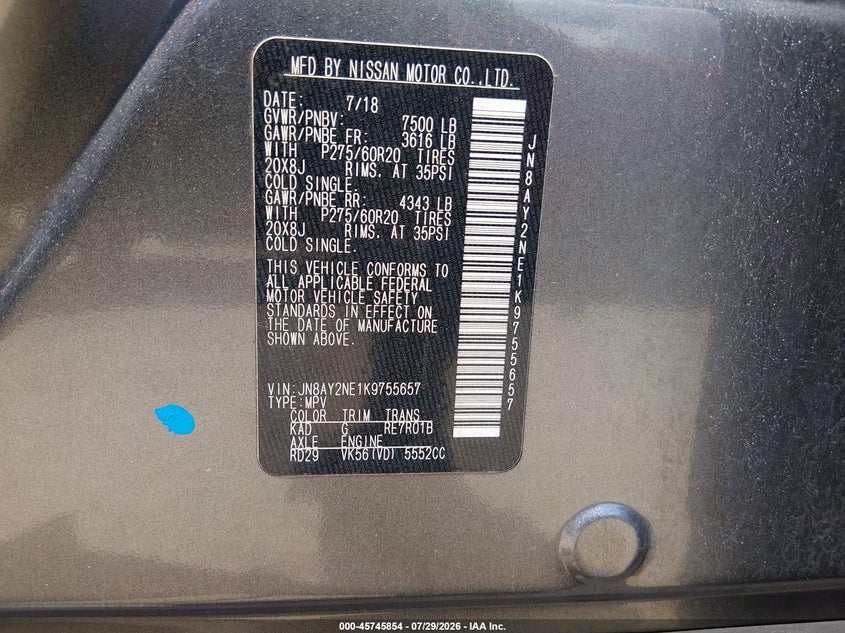 2019 Nissan Armada VIN JN8AY2NE1K9755657 IAAI salvage auction — FRONT & REAR, Salvage Title, sold $7,300 on 2026-08-20 (photo 9)