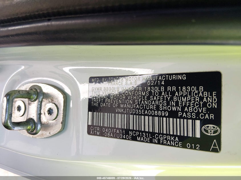 2014 Toyota Yaris VIN VNKJTUD35EA008899 IAAI salvage auction — RIGHT FRONT, Salvage Certificate (California), sold $2,000 on 2026-08-02 (photo 9)