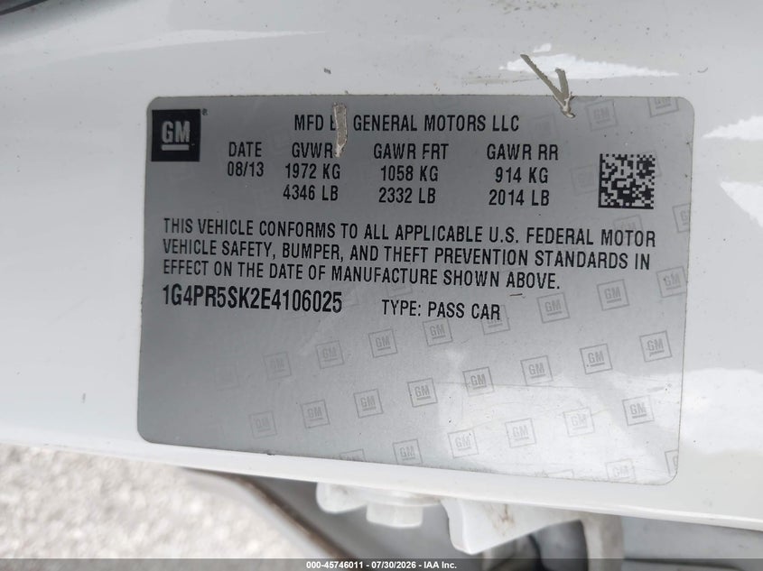 2014 Buick Verano VIN 1G4PR5SK2E4106025 IAAI salvage auction — NORMAL WEAR, Salvage Title, sold $25 on 2026-09-28 (photo 9)