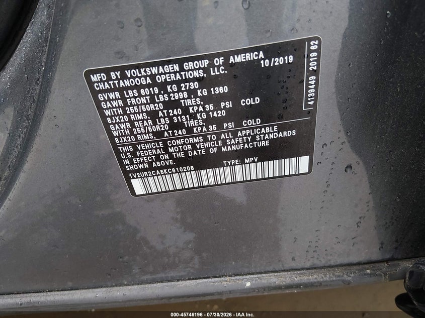 2019 Volkswagen Atlas VIN 1V2UR2CA5KC610208 IAAI salvage auction — FRONT END, Salvage (Massachusetts), sold $700 on 2026-08-26 (photo 9)