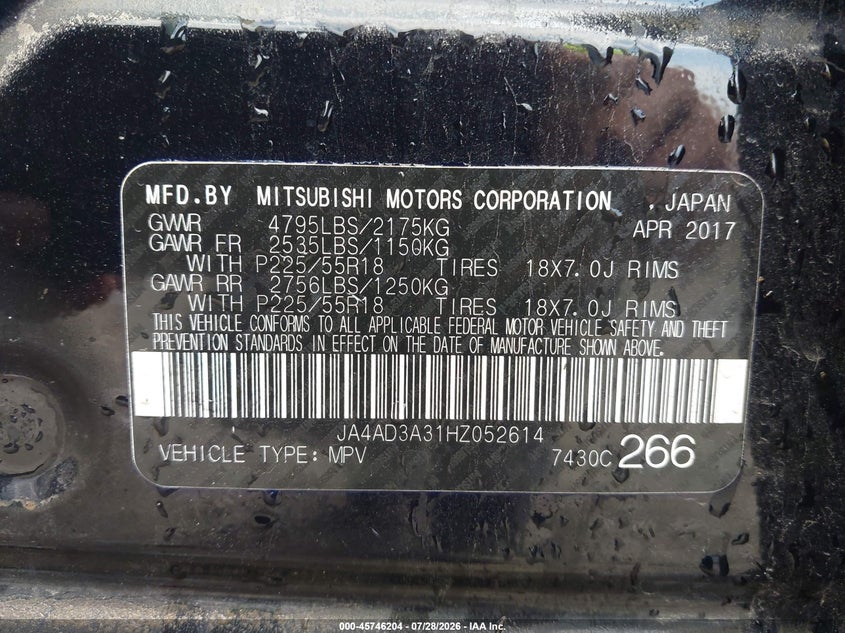 2017 Mitsubishi Outlander VIN JA4AD3A31HZ052614 IAAI salvage auction — WATER/FLOOD, Salvage (Tennessee), sold $1,175 on 2026-08-21 (photo 9)