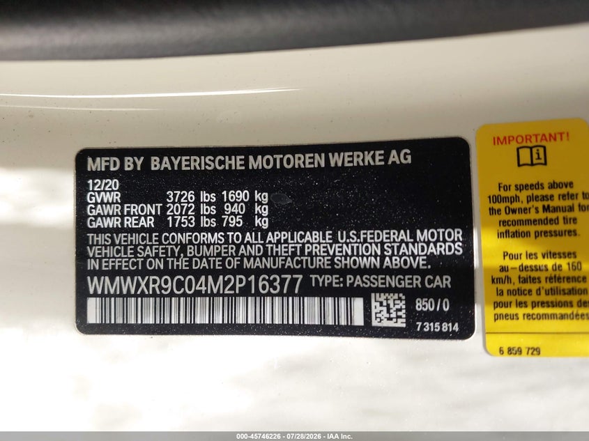 2021 Mini Hard top VIN WMWXR9C04M2P16377 IAAI salvage auction — REAR END, Wait Title, sold $6,700 on 2026-08-15 (photo 9)