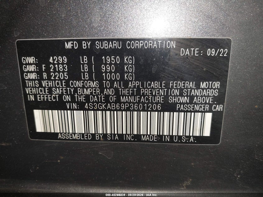 2023 Subaru Impreza VIN 4S3GKAB69P3601206 IAAI salvage auction — NORMAL WEAR, Sf97 (Wisconsin), sold $8,200 on 2026-08-11 (photo 9)